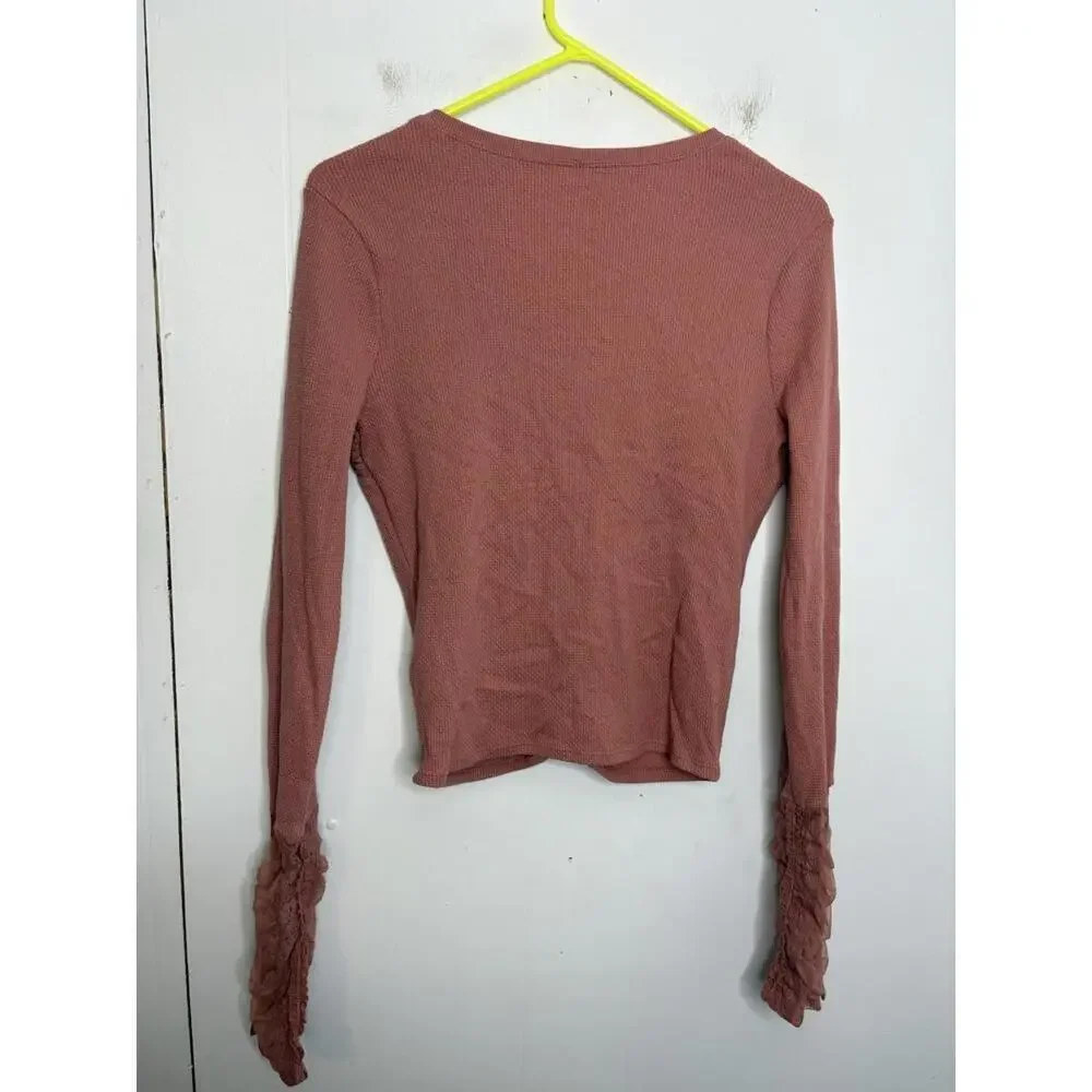 Free People Shirt Womens Medium Thermal Mesh Long Sleeve Ruched Ballet Rose